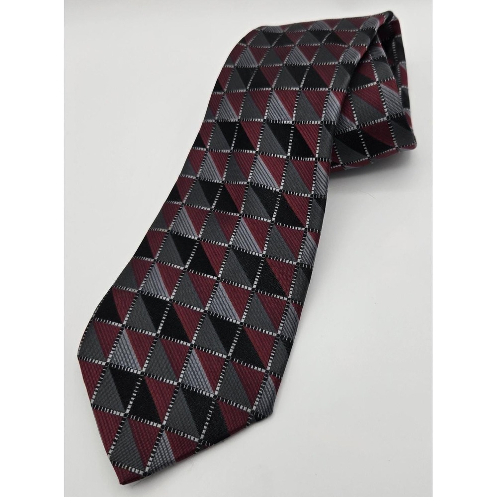 Pronto Uomo Necktie Men X-Long Burgundy Grey Black Geometric‎ Triangle Silk Tie